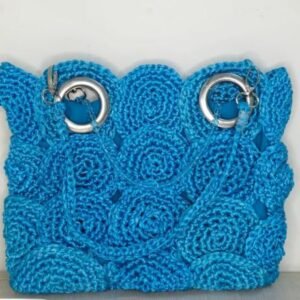 blue handmade crochet handbag with crystal beads