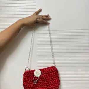 Rose Red cute bag with white flower and silver chain string